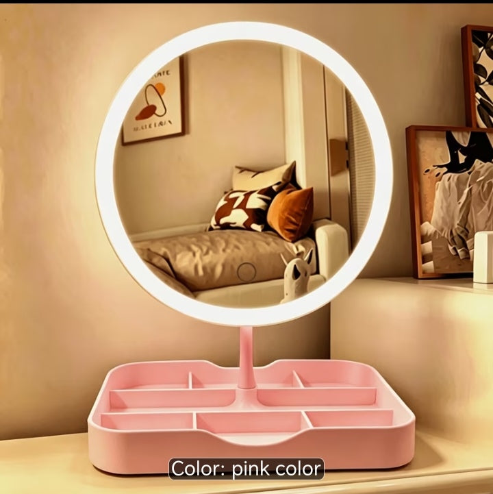 Product Title
Pink LED Makeup Mirror with Multi-Compartment Vanity Organizer