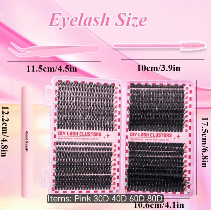 LuxeGlam High-Capacity DIY Lash Clusters Kit - 4 Trays in 1 (30D 40D 60D 80D) with Bond & Seal, Tweezers & Applicator Tools