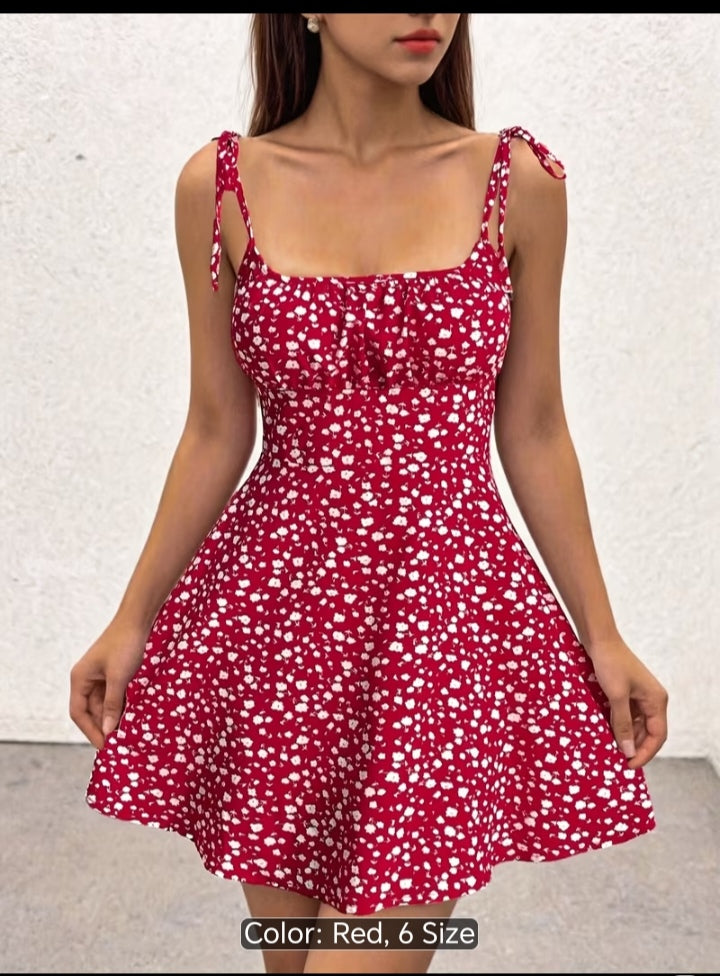 Women’s Floral Print Tie-Shoulder Mini Dress – Fitted Flare Summer Dress