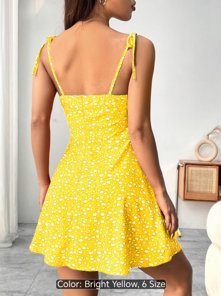 Women’s Floral Print Tie-Shoulder Mini Dress – Fitted Flare Summer Dress