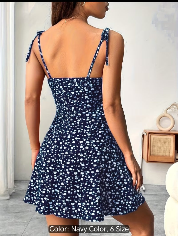 Women’s Floral Print Tie-Shoulder Mini Dress – Fitted Flare Summer Dress