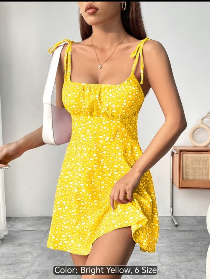 Women’s Floral Print Tie-Shoulder Mini Dress – Fitted Flare Summer Dress