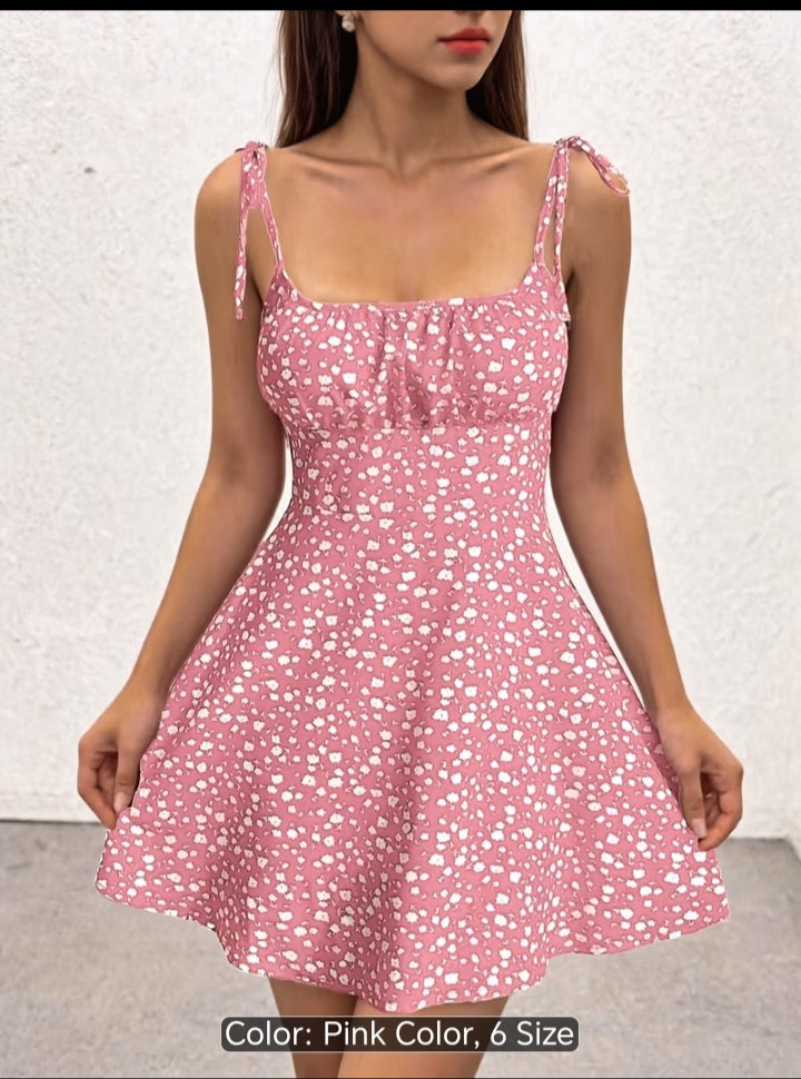 Women’s Floral Print Tie-Shoulder Mini Dress – Fitted Flare Summer Dress