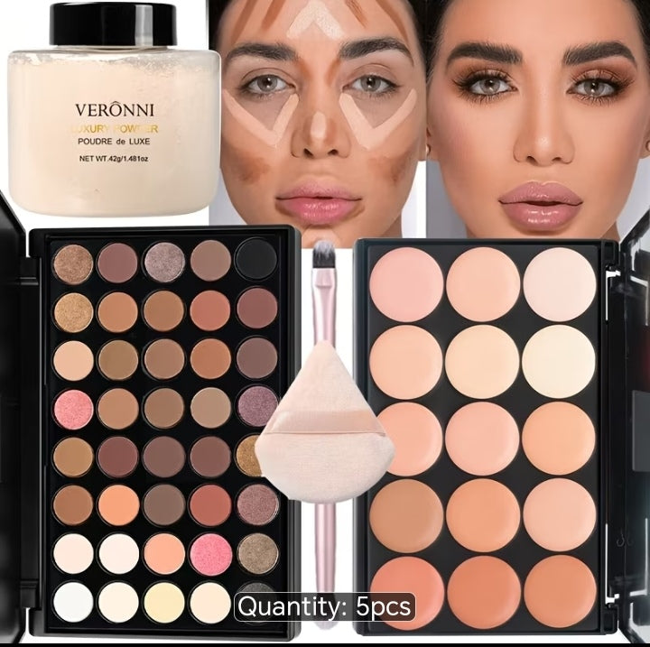 VERONNI 5Pcs Complete Face Makeup Kit - 40 Color Eyeshadow + 15 Color Contour Concealer Palette + Luxury Setting Powder + Brush & Puff Set