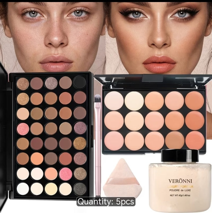 VERONNI 5Pcs Complete Face Makeup Kit - 40 Color Eyeshadow + 15 Color Contour Concealer Palette + Luxury Setting Powder + Brush & Puff Set