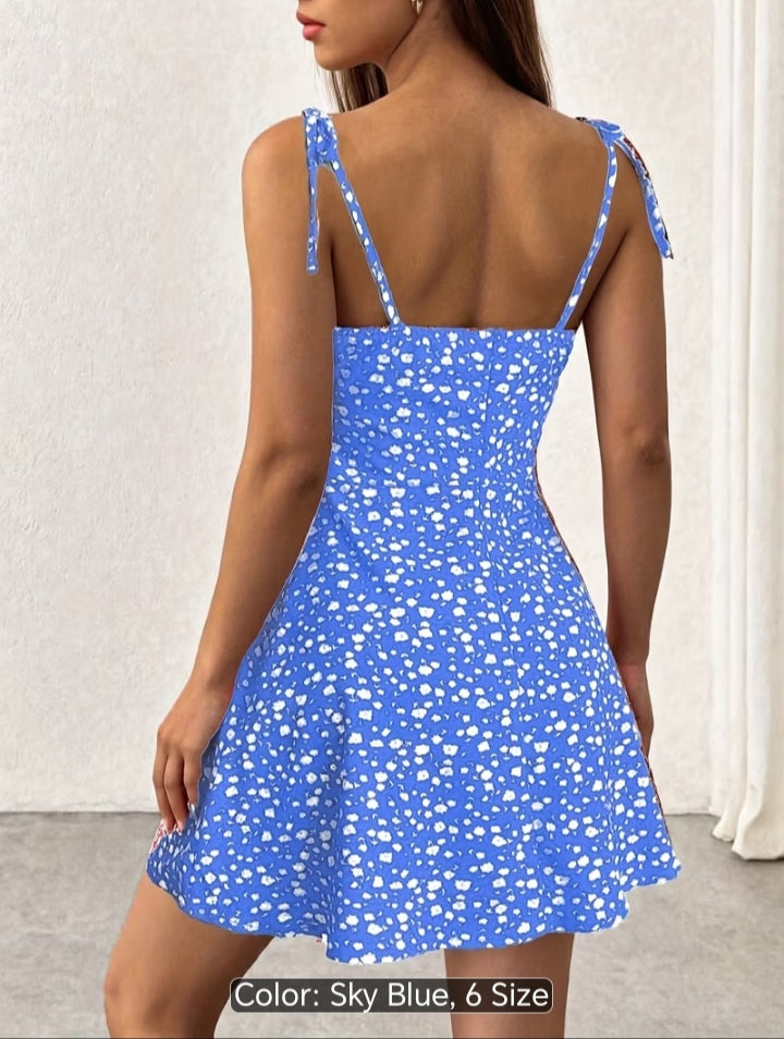 Women’s Floral Print Tie-Shoulder Mini Dress – Fitted Flare Summer Dress