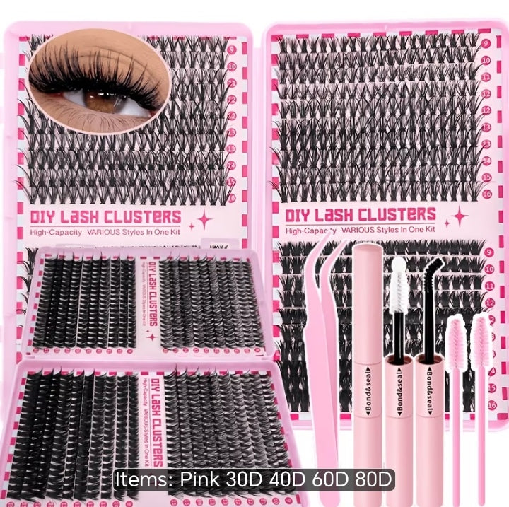 LuxeGlam High-Capacity DIY Lash Clusters Kit - 4 Trays in 1 (30D 40D 60D 80D) with Bond & Seal, Tweezers & Applicator Tools