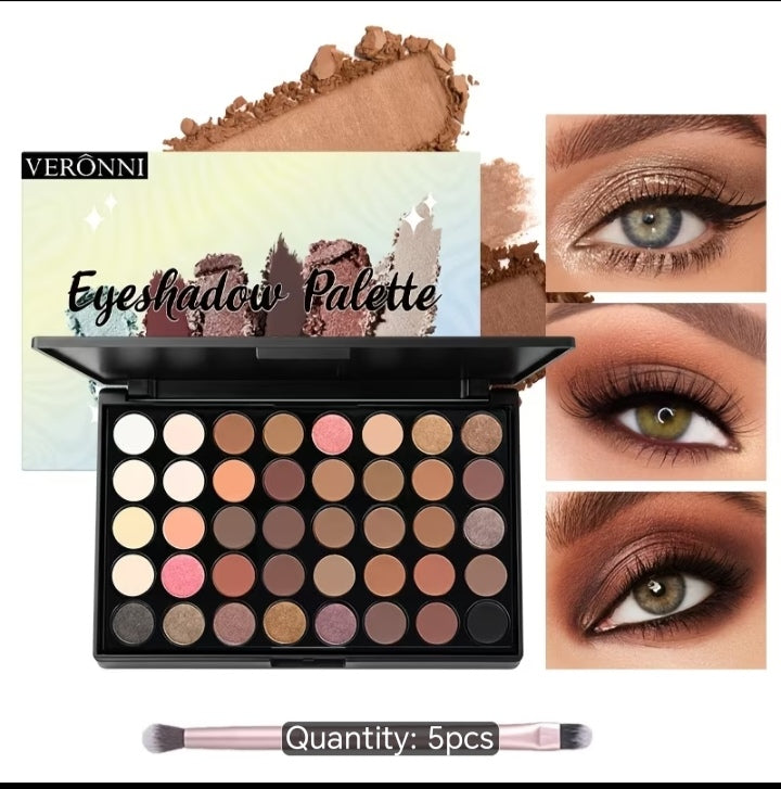 VERONNI 5Pcs Complete Face Makeup Kit - 40 Color Eyeshadow + 15 Color Contour Concealer Palette + Luxury Setting Powder + Brush & Puff Set