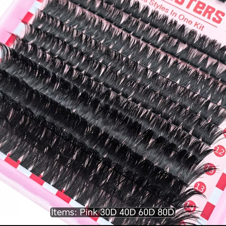 LuxeGlam High-Capacity DIY Lash Clusters Kit - 4 Trays in 1 (30D 40D 60D 80D) with Bond & Seal, Tweezers & Applicator Tools