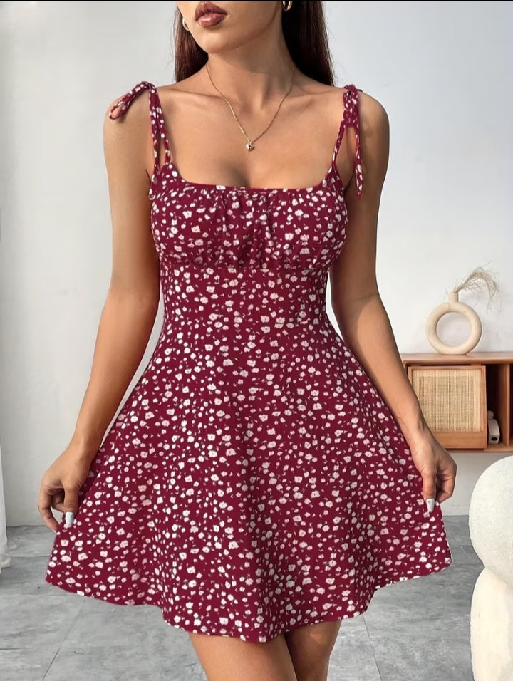 Women’s Floral Print Tie-Shoulder Mini Dress – Fitted Flare Summer Dress