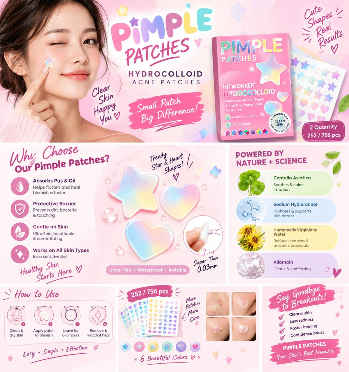 Cute Star & Heart Pimple Patches - Hydrocolloid Acne Patches | Invisible Spot Cover | 252 Pcs

Alternative SEO Title: HITWORKER Hydrocolloid Pimple Patches - Trendy Star & Heart Shapes - Ultra-Thin 0.03mm Waterproof Invisible Acne Stickers - For All Skin