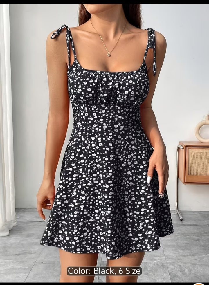 Women’s Floral Print Tie-Shoulder Mini Dress – Fitted Flare Summer Dress