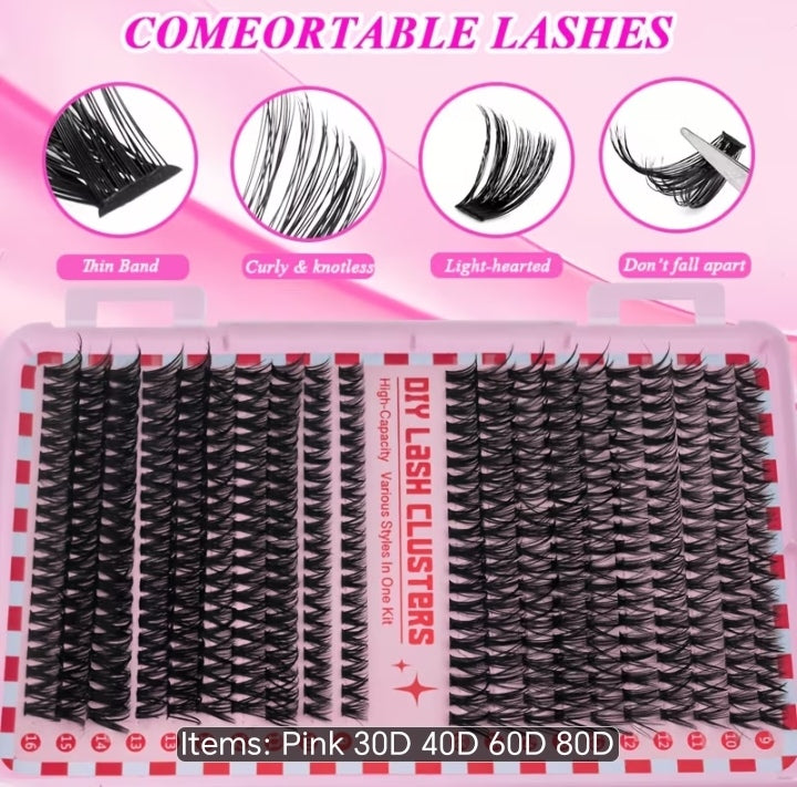 LuxeGlam High-Capacity DIY Lash Clusters Kit - 4 Trays in 1 (30D 40D 60D 80D) with Bond & Seal, Tweezers & Applicator Tools