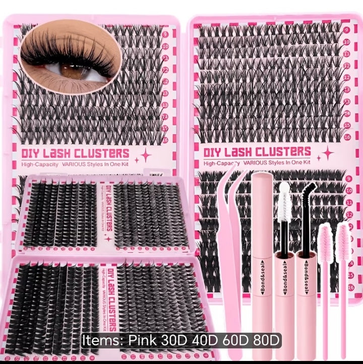 LuxeGlam High-Capacity DIY Lash Clusters Kit - 4 Trays in 1 (30D 40D 60D 80D) with Bond & Seal, Tweezers & Applicator Tools