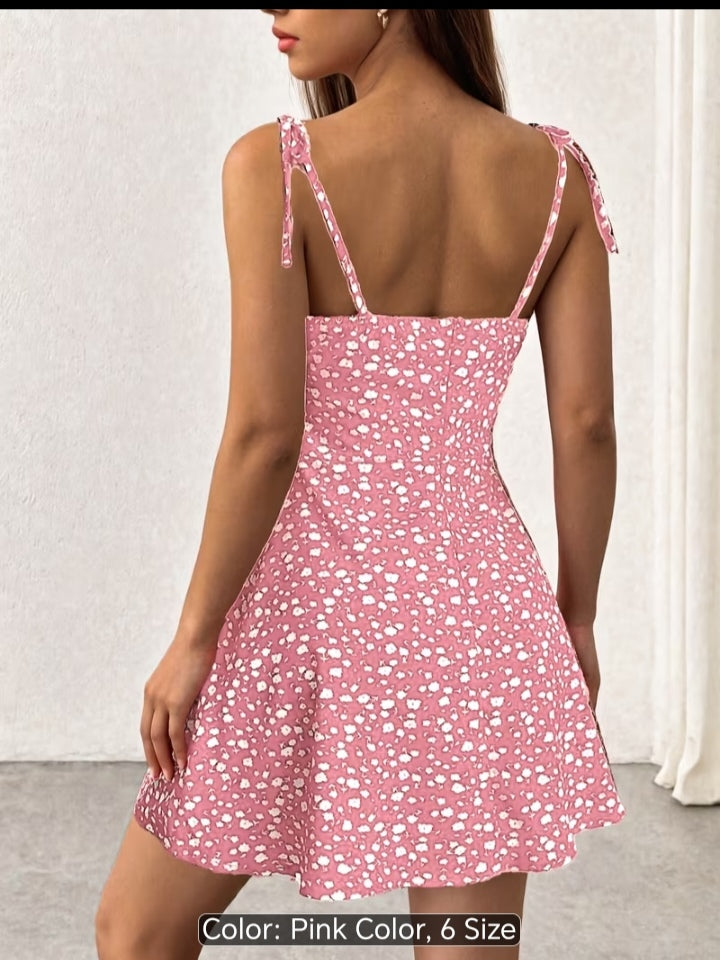 Women’s Floral Print Tie-Shoulder Mini Dress – Fitted Flare Summer Dress