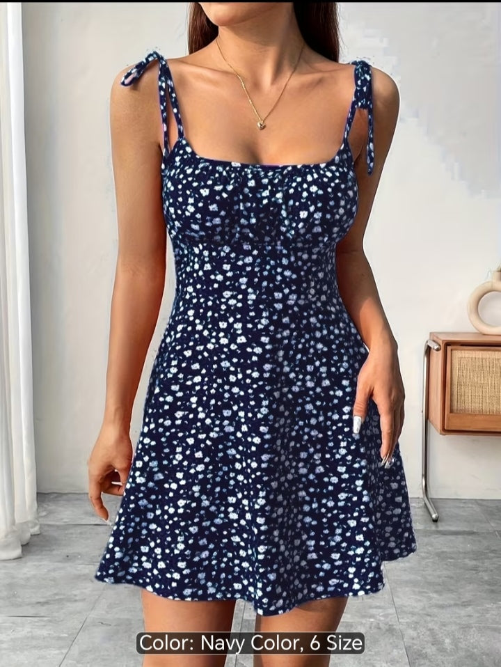 Women’s Floral Print Tie-Shoulder Mini Dress – Fitted Flare Summer Dress