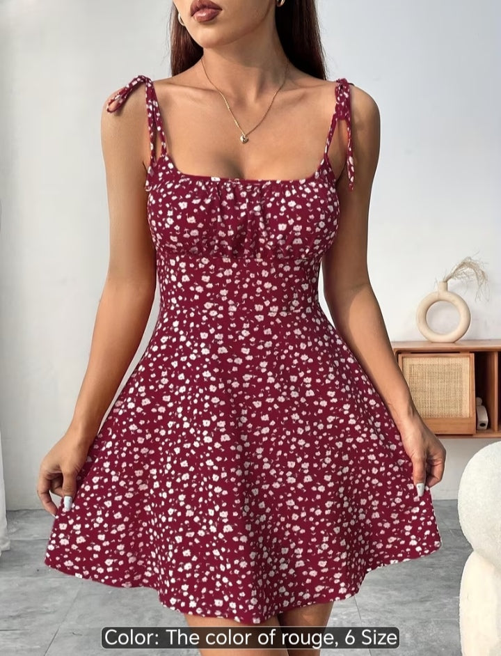 Women’s Floral Print Tie-Shoulder Mini Dress – Fitted Flare Summer Dress