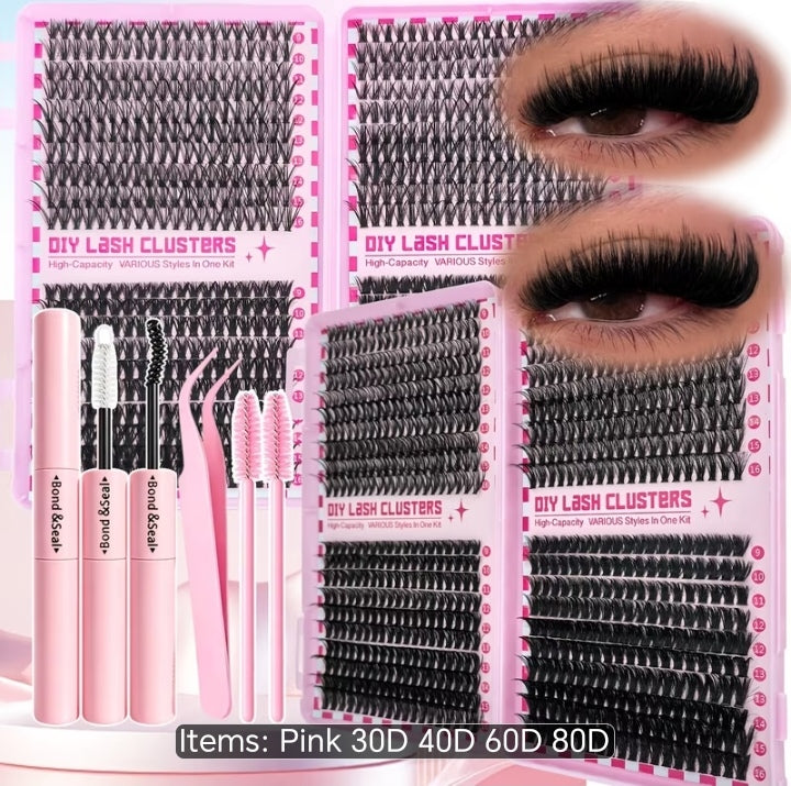 LuxeGlam High-Capacity DIY Lash Clusters Kit - 4 Trays in 1 (30D 40D 60D 80D) with Bond & Seal, Tweezers & Applicator Tools