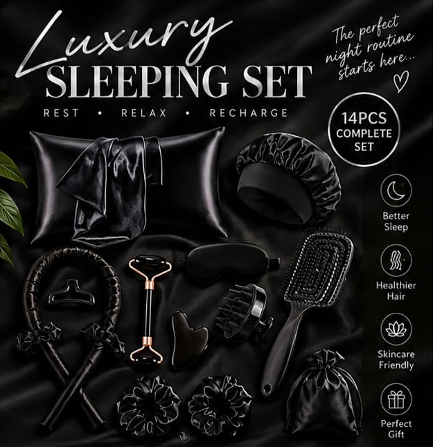 Luxury 14-Piece Satin Sleeping Set – Complete Hair & Beauty Self-Care Kit