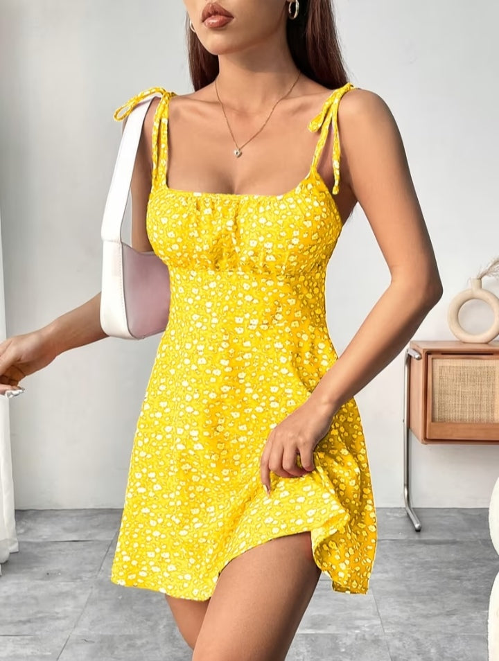 Women’s Floral Print Tie-Shoulder Mini Dress – Fitted Flare Summer Dress