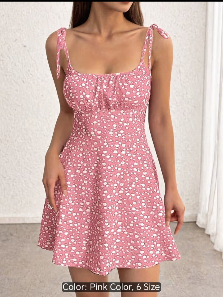 Women’s Floral Print Tie-Shoulder Mini Dress – Fitted Flare Summer Dress