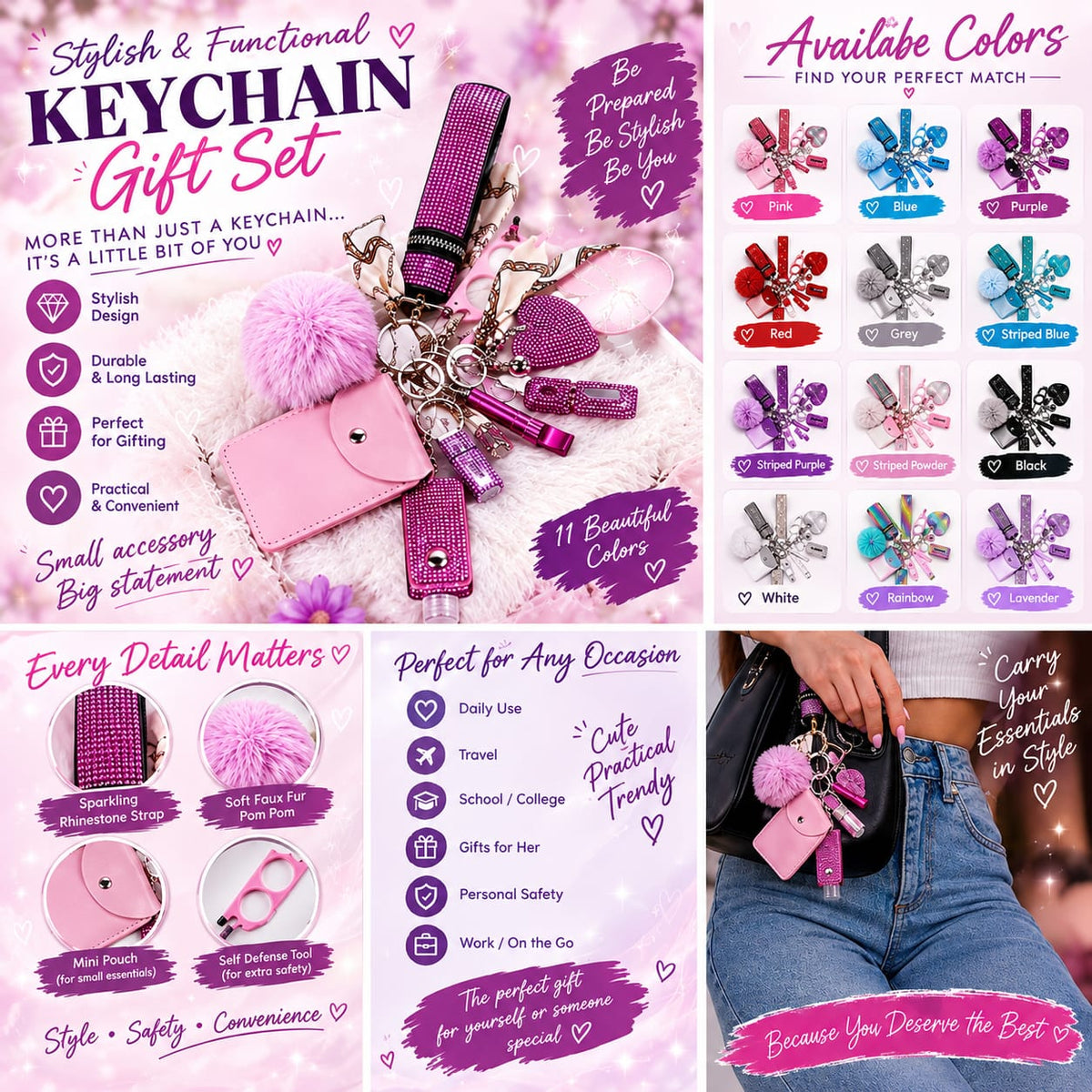 Stylish & Functional Safety Keychain Gift Set for Women - 6-in-1 Rhinestone Wristlet Set with Pom Pom, Mini Wallet Pouch & Self-Defense Accessories