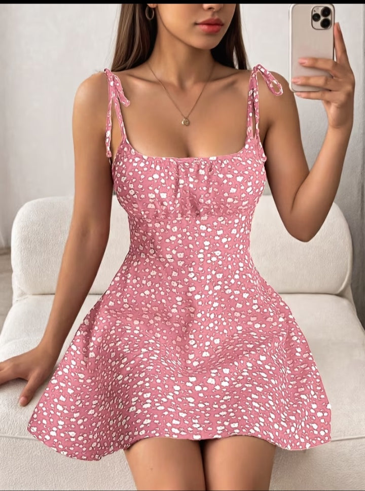 Women’s Floral Print Tie-Shoulder Mini Dress – Fitted Flare Summer Dress