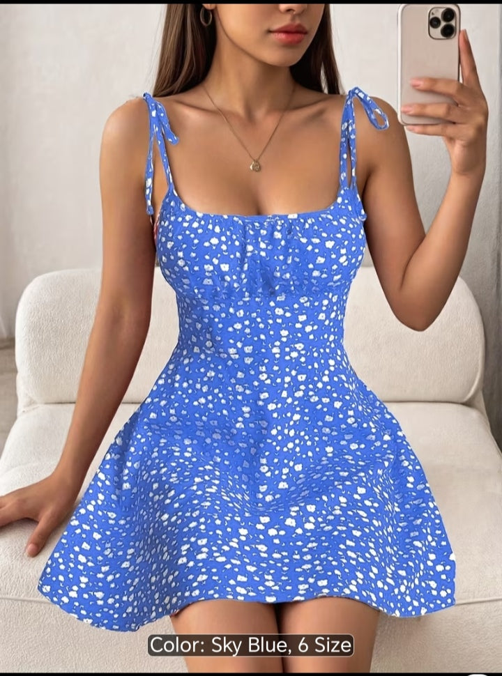 Women’s Floral Print Tie-Shoulder Mini Dress – Fitted Flare Summer Dress