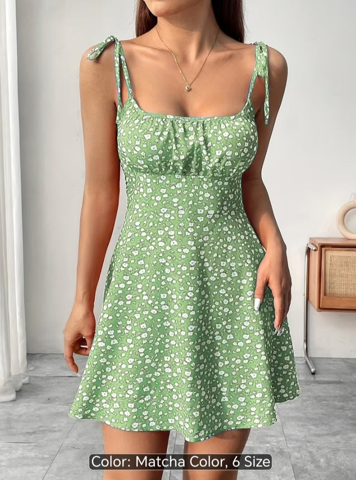 Women’s Floral Print Tie-Shoulder Mini Dress – Fitted Flare Summer Dress