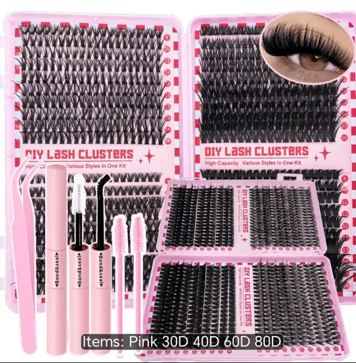 LuxeGlam High-Capacity DIY Lash Clusters Kit - 4 Trays in 1 (30D 40D 60D 80D) with Bond & Seal, Tweezers & Applicator Tools