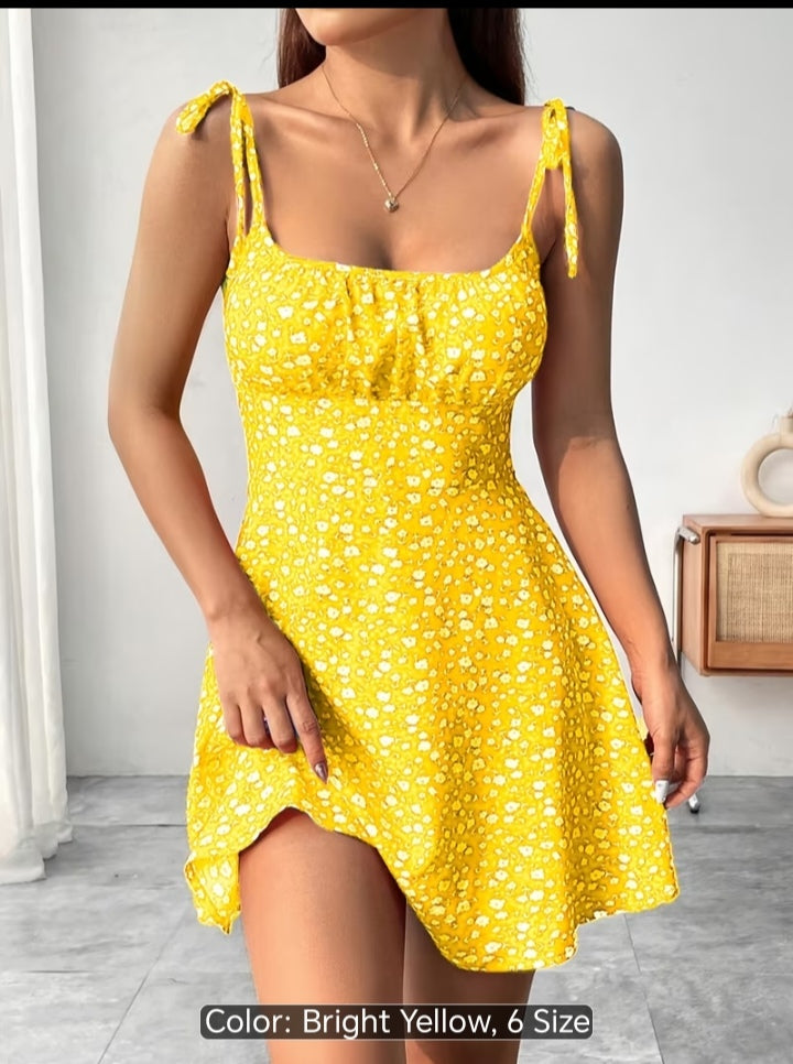 Women’s Floral Print Tie-Shoulder Mini Dress – Fitted Flare Summer Dress