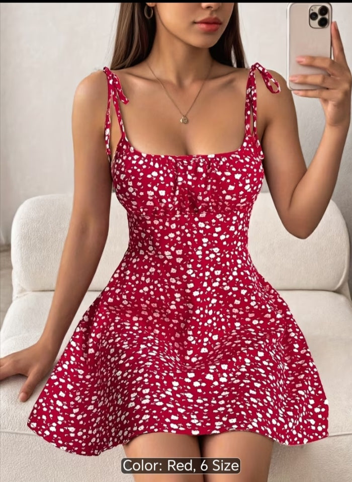Women’s Floral Print Tie-Shoulder Mini Dress – Fitted Flare Summer Dress