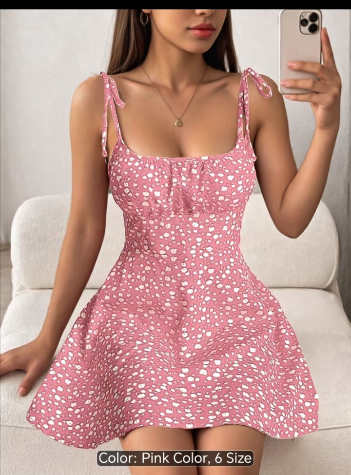 Women’s Floral Print Tie-Shoulder Mini Dress – Fitted Flare Summer Dress