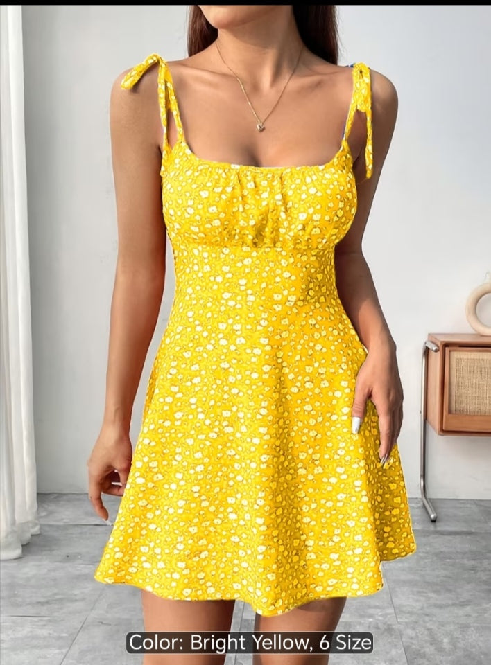 Women’s Floral Print Tie-Shoulder Mini Dress – Fitted Flare Summer Dress