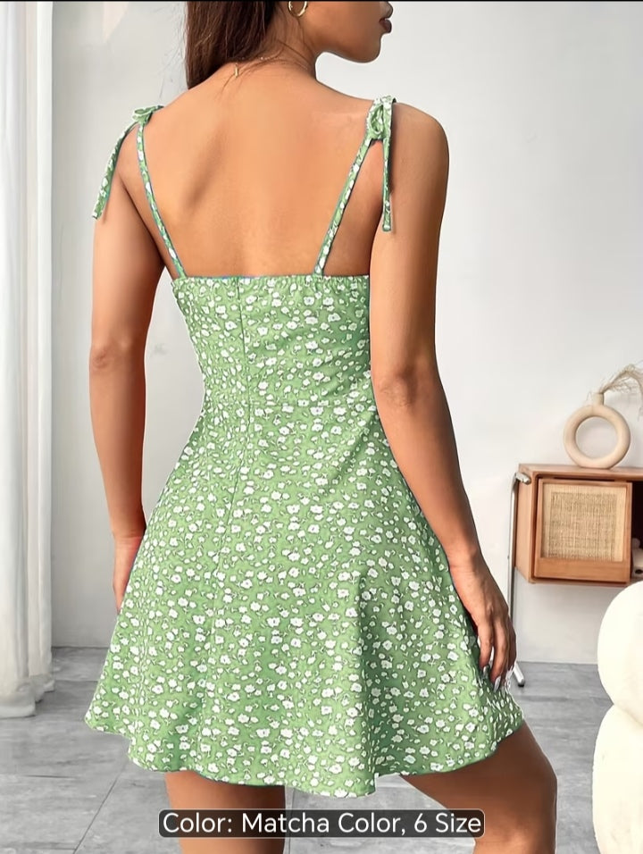 Women’s Floral Print Tie-Shoulder Mini Dress – Fitted Flare Summer Dress