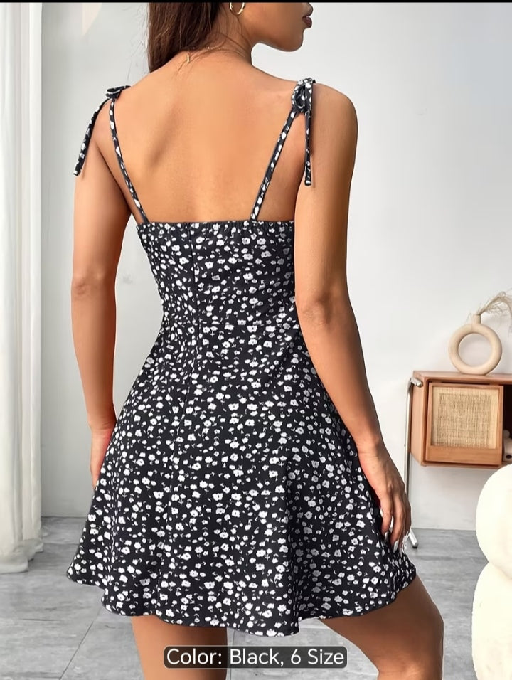 Women’s Floral Print Tie-Shoulder Mini Dress – Fitted Flare Summer Dress