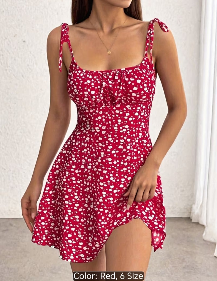 Women’s Floral Print Tie-Shoulder Mini Dress – Fitted Flare Summer Dress