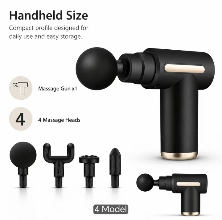Mini Handheld Percussion Massage Gun DP260-63 - Compact Deep Tissue Muscle Massager with 4 Interchangeable Heads - Black