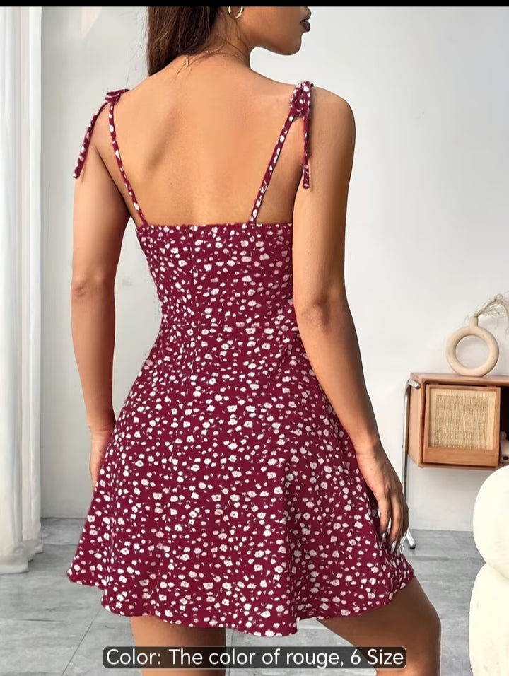 Women’s Floral Print Tie-Shoulder Mini Dress – Fitted Flare Summer Dress