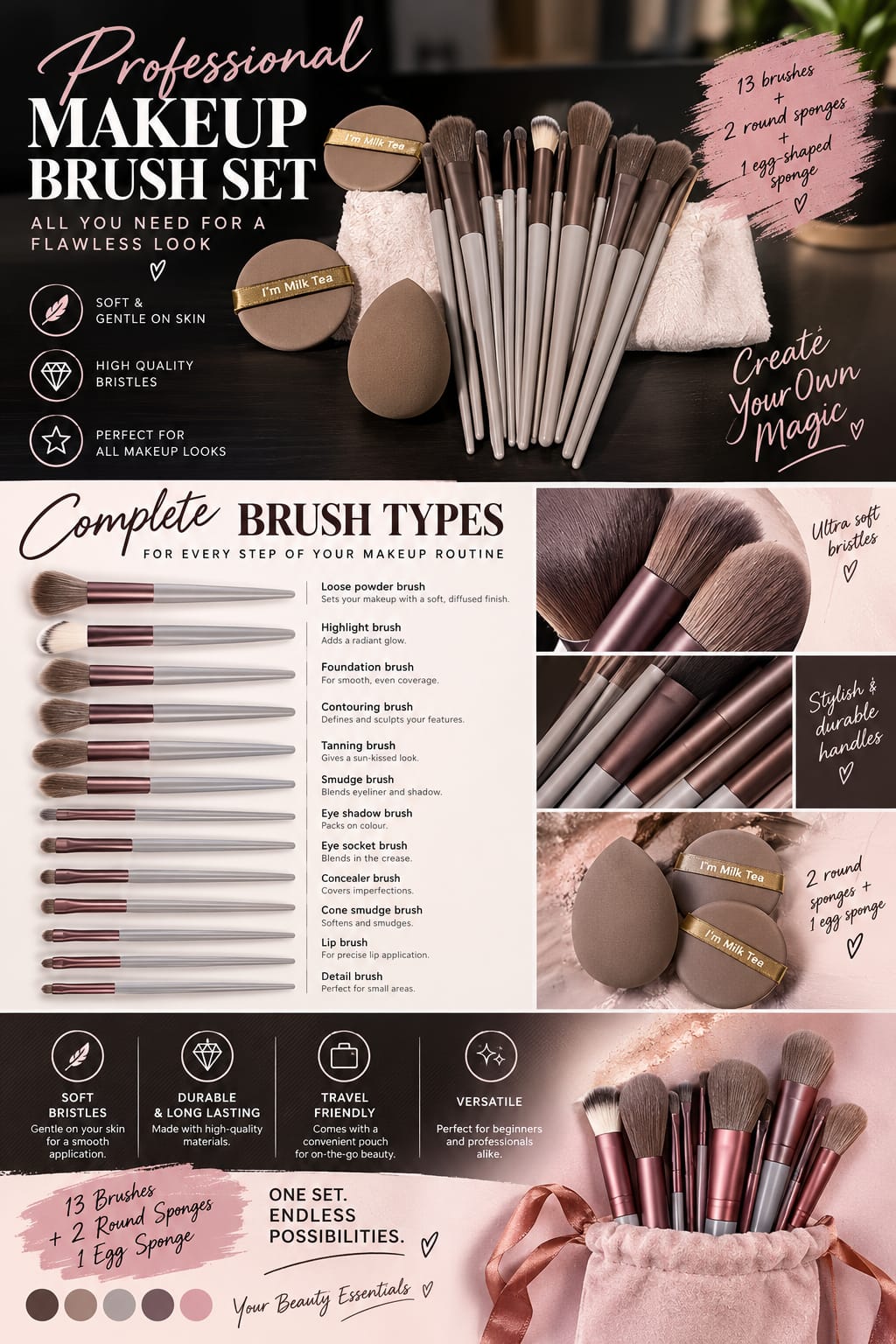 Professional 16-Piece Makeup Brush Set - 13 Soft Bristle Brushes + 3 Makeup Sponges with Travel Pouch - Milk Tea Collection