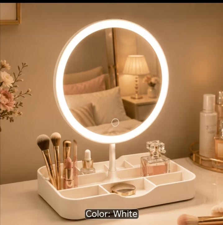 Product Title
Pink LED Makeup Mirror with Multi-Compartment Vanity Organizer