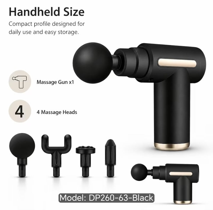 Mini Handheld Percussion Massage Gun DP260-63 - Compact Deep Tissue Muscle Massager with 4 Interchangeable Heads - Black