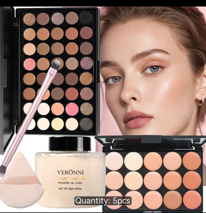 VERONNI 5Pcs Complete Face Makeup Kit - 40 Color Eyeshadow + 15 Color Contour Concealer Palette + Luxury Setting Powder + Brush & Puff Set