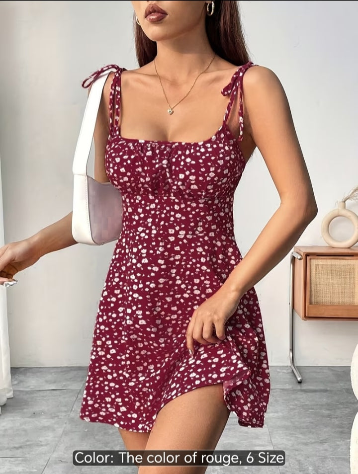Women’s Floral Print Tie-Shoulder Mini Dress – Fitted Flare Summer Dress