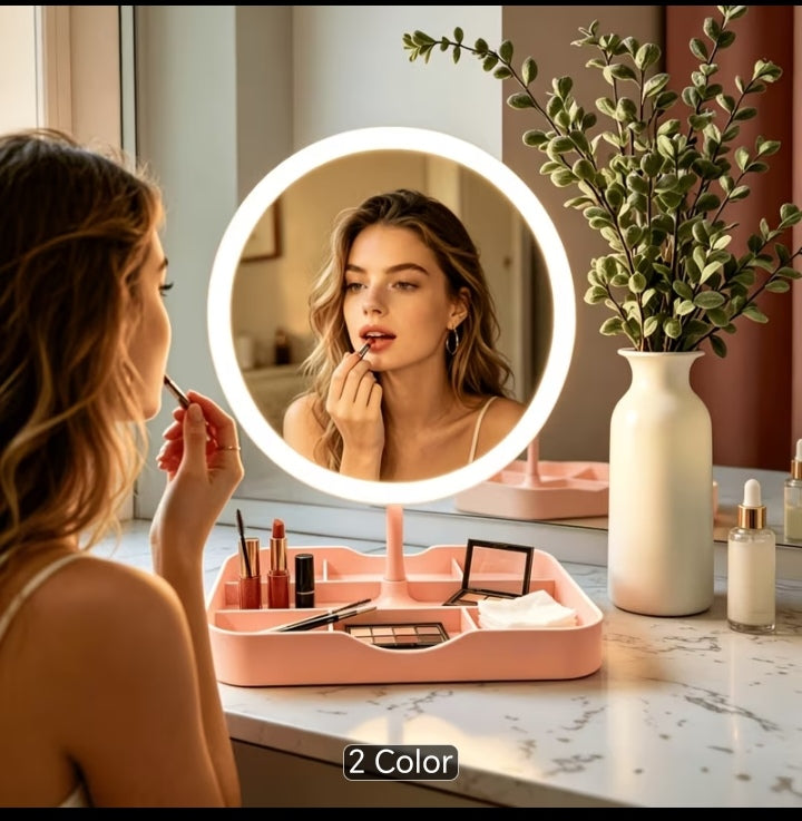 Product Title
Pink LED Makeup Mirror with Multi-Compartment Vanity Organizer