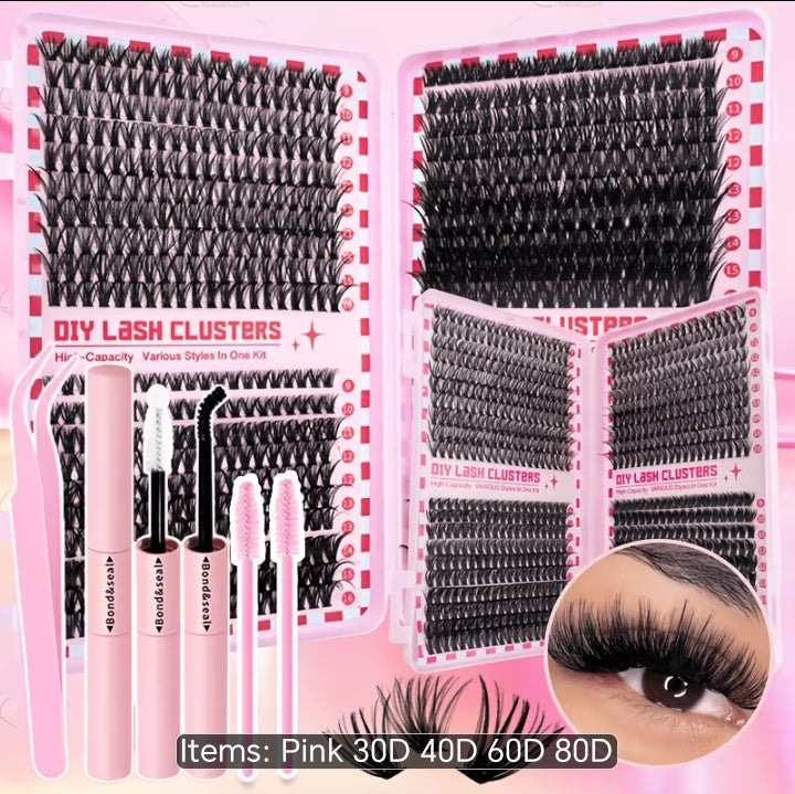 LuxeGlam High-Capacity DIY Lash Clusters Kit - 4 Trays in 1 (30D 40D 60D 80D) with Bond & Seal, Tweezers & Applicator Tools