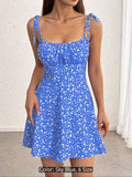 Women’s Floral Print Tie-Shoulder Mini Dress – Fitted Flare Summer Dress