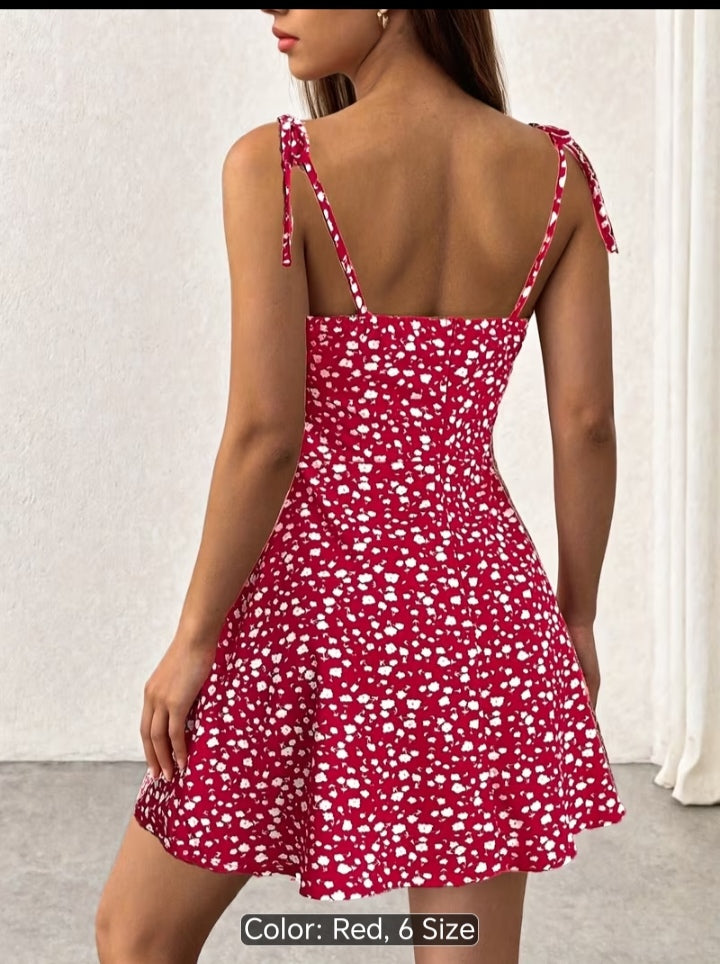 Women’s Floral Print Tie-Shoulder Mini Dress – Fitted Flare Summer Dress