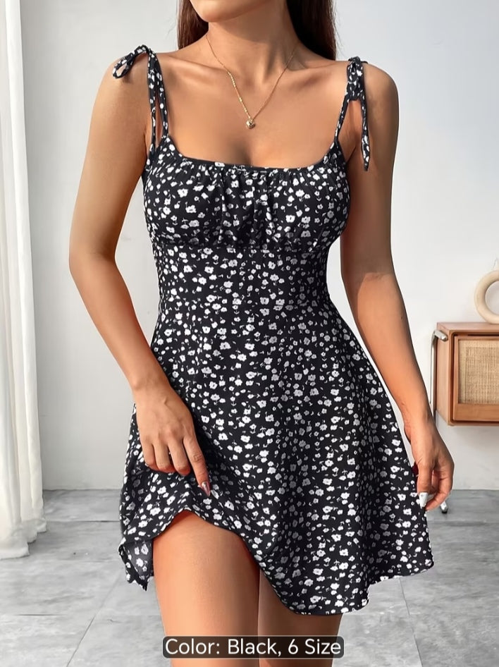 Women’s Floral Print Tie-Shoulder Mini Dress – Fitted Flare Summer Dress