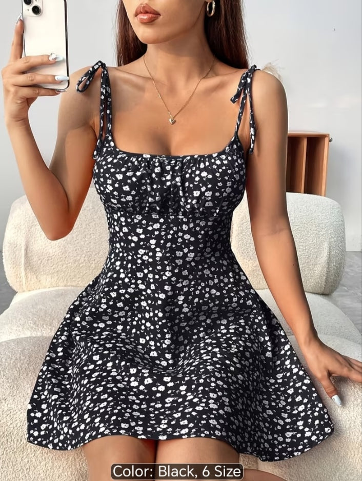 Women’s Floral Print Tie-Shoulder Mini Dress – Fitted Flare Summer Dress